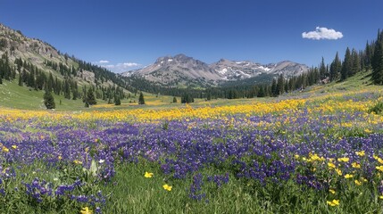 Obraz premium Vibrant Wildflower Meadow in Mountain Landscape Under Clear Blue Sky with Rolling Hills and Snow-Capped Peaks in Background