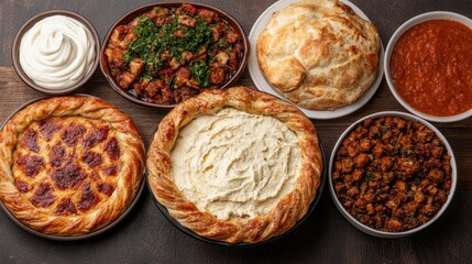 A Bountiful Spread of Comfort Foods Featuring Fluffy Mashed Potatoes, Savory Stuffing, Fresh Rolls, Creamy Sauce, and Spiced Tomato Sauce Perfect for Family Gatherings