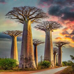 Fototapeta premium The Towering Baobab Trees of Madagascar's Avenue of the Baobabs, Set Against a Backdrop of Dramatic African Skies, Offering a Unique Glimpse Into the Country's Iconic Flora and Scenery