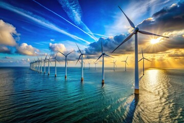Stunning Portrait Photography of Offshore Wind Farm in Blue Ocean - Renewable Energy and Clean Energy Concept, Capturing the Beauty of Nature and Sustainable Development