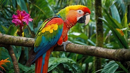 Obraz premium Vibrant macaw perched on a branch in lush rainforest.