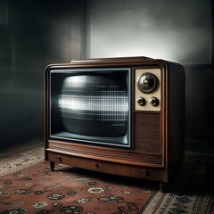 Old TV, historical television, made it wood, glass and metal, black and white TV