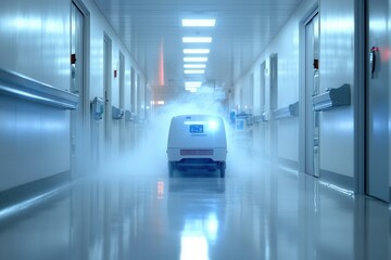 Cleaning robot in a modern hospital corridor.