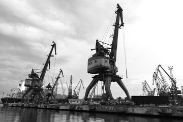 Portal cranes of Verna port, Bulgaria. Black and white