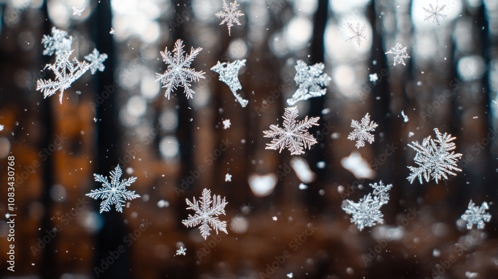 Poster intricate snowflakes falling against a blurred forest background
