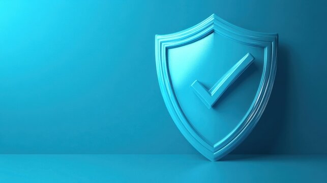 3D shield design with a checkmark on a sleek blue backdrop, symbolizing cybersecurity, protection, and trust in healthcare and insurance