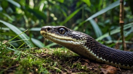 Obraz premium Close-up of a black snake's head in lush green vegetation.