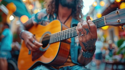 Obraz premium The musician with a guitar remains sharp, while the city street behind him blurs, creating a sense of isolation in his artistry.