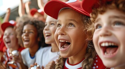 Fototapeta premium With a stadium backdrop, a team of children in red and white baseball caps proudly holds their awards, cheering with enthusiasm. The moment highlights their youthful excitement.