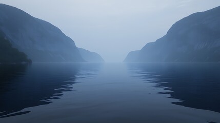 A serene misty landscape featuring calm waters between two mountains.