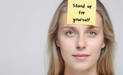 On copy space background, woman with stick note on forehead written Stand up for yourself - assertiveness ability to express opinions and needs in calm and open way -having boundaries and be assertive
