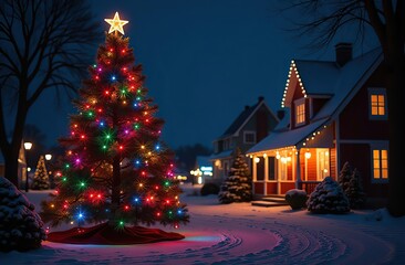 A festive night scene of a decorated Christmas tree with colorful lights 