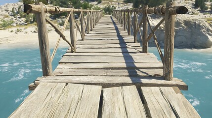 A wooden bridge extending over clear blue water towards a sandy beach and rocky landscape.