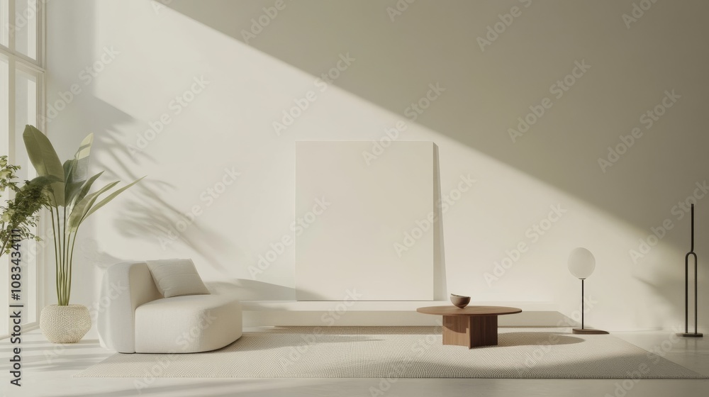 Poster a minimalist living room design featuring a white canvas backdrop, strategically arranged minimal fu