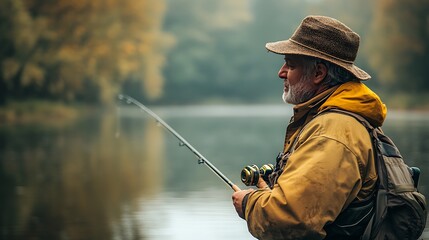Fishing adventure serene lake outdoor activity tranquil environment side view nature connection