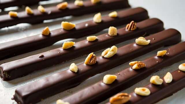 Video footage of Chocolate bars topped with assorted nuts, including peanuts and pecans, are neatly arranged in rows on a reflective surface