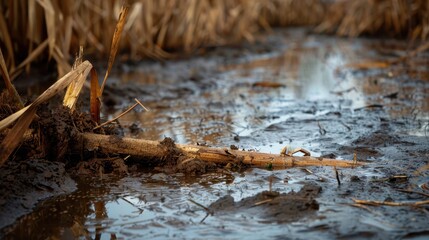 Muddy Waters: A close-up view of a murky, shallow puddle in a field of dried reeds, revealing the texture of the mud and the reflection of the sky.