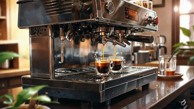 Video footage of gleaming espresso machine dispenses a rich, dark elixir into two waiting cups, promising a delightful coffee experience.