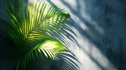 Naklejka premium Green palm leaves casting shadows on wall indoor nature scene natural light artistic perspective