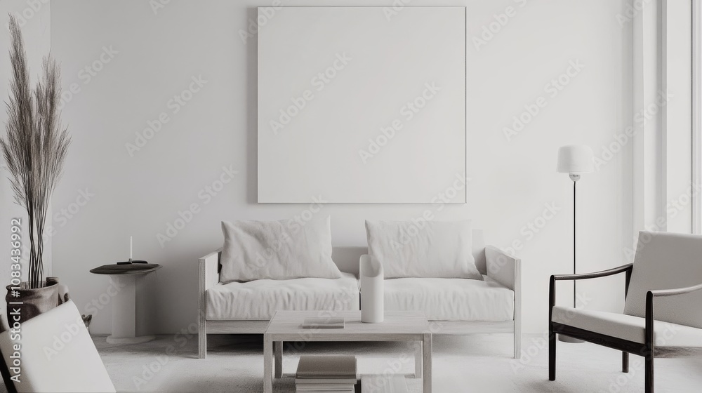 Poster a minimalist scandinavian-inspired living room design with a white canvas backdrop, furnished with c