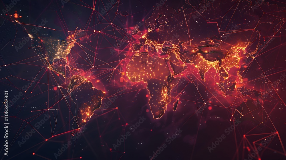Poster stylized world map with a network of glowing red lines and dots representing global connections and 