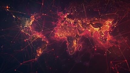 Stylized world map with a network of glowing red lines and dots representing global connections and communication.