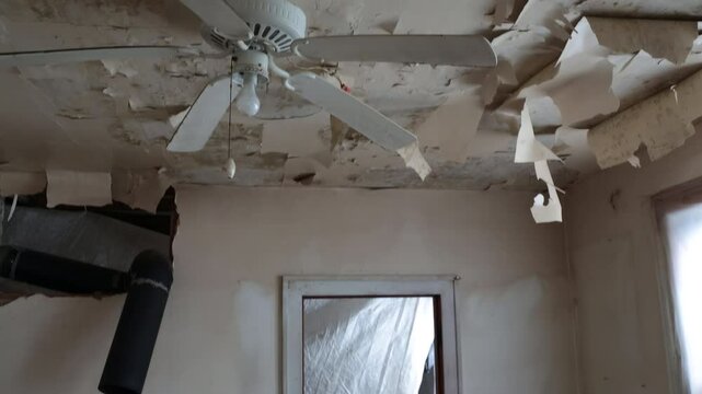 Ceiling Fan Surrounded by Severely Peeling Paint and Plaster in Abandoned Detroit House
