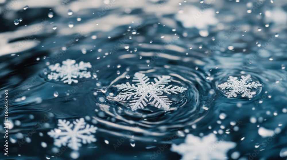 Poster A Single Snowflake Floating in Water with Ripples and Other Snowflakes Out of Focus