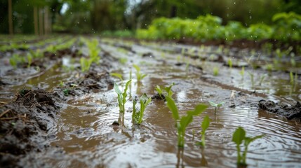 Young Plants in a Rainy Field 