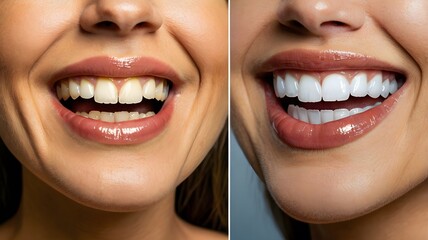 Before & after teeth whitening treatment transformation woman smile closeup, improved tooth brightness & dental health