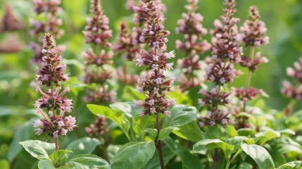 Fototapeta premium Purple Basil in Bloom: A vibrant close-up captures the delicate beauty of purple basil flowers, their soft pink hues contrasting against the lush green foliage.