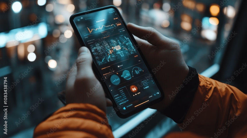 Poster a person holding a smartphone displaying data analytics and graphs in a city setting.