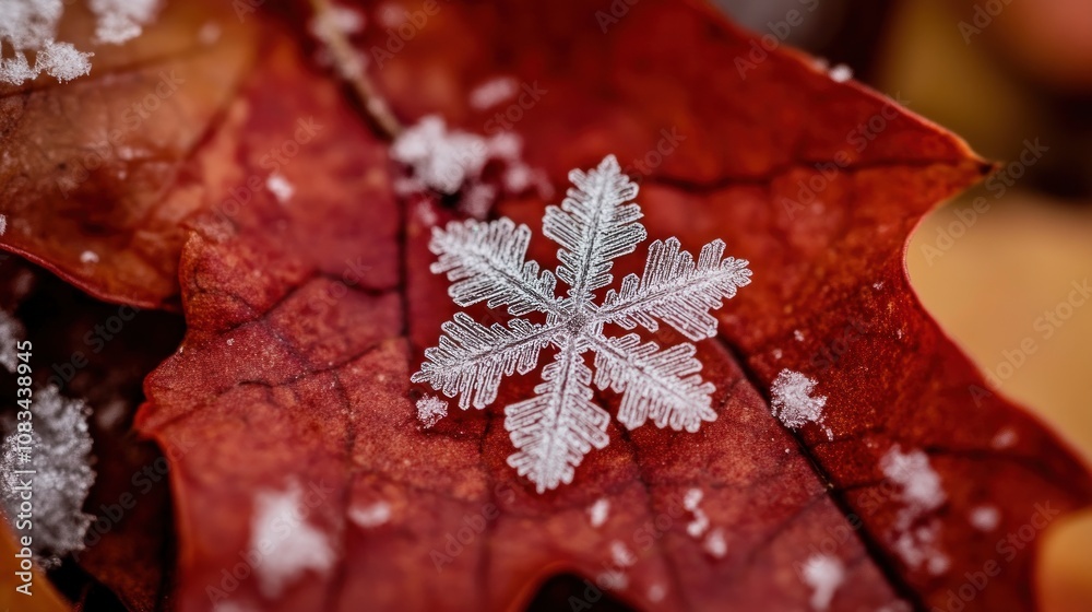 Poster a delicate snowflake resting on a red autumn leaf