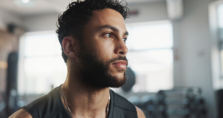 Man, sweating and thinking as tired in workout, intense exercise and wellness with fatigue. Male...