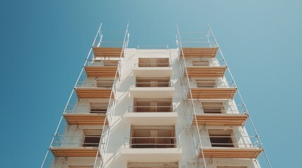 A modern building under construction, featuring scaffolding and clear blue skies, highlighting urban development and architectural design.