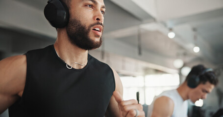 Running, treadmill and music with man in gym for streaming, workout and cardio challenge. Health,...