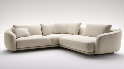 A modern, L-shaped beige sofa with plush cushions, perfect for contemporary living spaces, offering comfort and style.