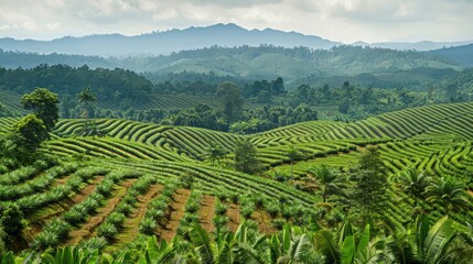 Naklejka premium Serene Tea Plantation Landscape: Rolling hills of vibrant green tea plants stretch to the horizon under a dramatic sky. A breathtaking view of agricultural beauty