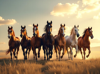 Obraz premium High resolution seven horses wall art poster for wall decoration, seven horses images illustration.
