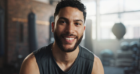 Man, sweat and portrait in recovery for exercise, intense workout and wellness with energy. Male...