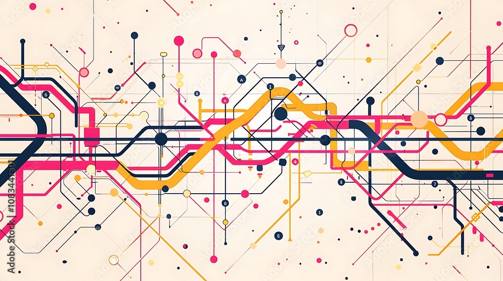Poster abstract geometric network illustration with lines, shapes, and connections, representing digital te
