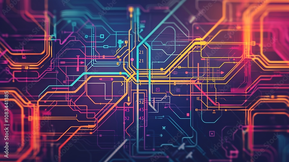 Poster colorful abstract illustration of circuit lines, representing digital technology and data flow