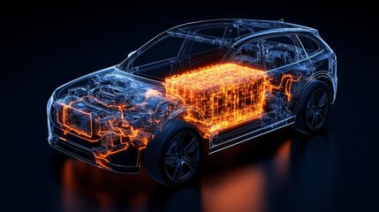 A futuristic electric vehicle model displaying glowing circuitry and battery components, emphasizing advanced technology and innovation in automotive design.