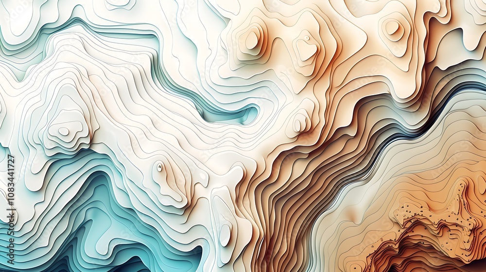 Poster abstract topographic map illustration with contour lines creating a 3d effect of the terrain.