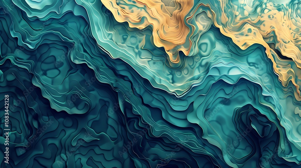 Poster digital abstract artwork featuring 3d waves in shades of teal and gold, creating a dynamic and textu