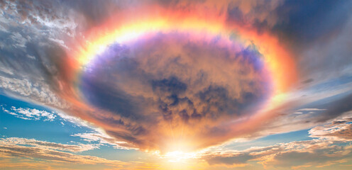 Rainbow over the stormy clouds after rain