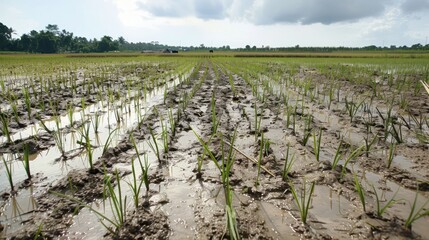 Fototapeta premium Rice Paddy Field: Lush green rice plants sprout from the fertile mud of a flooded paddy field, promising a bountiful harvest. Rows of young rice plants extend towards the horizon under a cloudy sky.