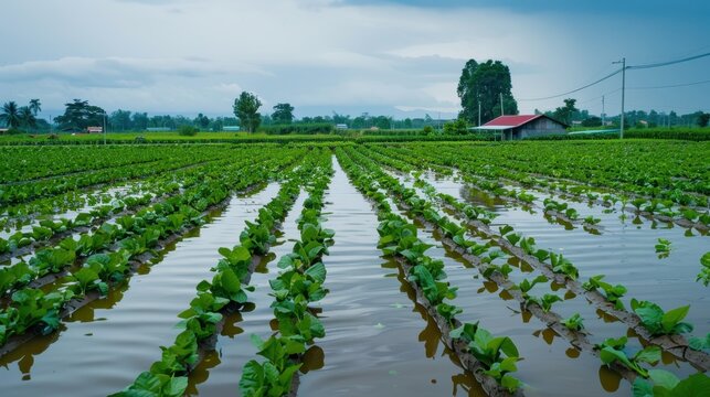 Flooded Farmland: Rows of resilient crops submerged in floodwaters, a small house in the distance under a brooding sky. A poignant image of agricultural resilience and the challenges faced by farmers.