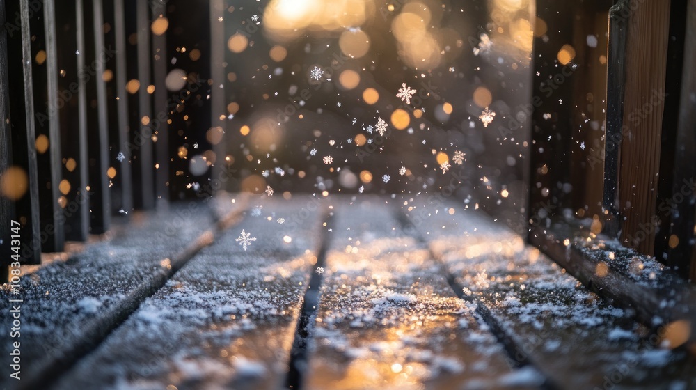 Poster snowflakes falling on wooden deck with bokeh background