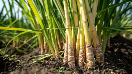 Fototapeta premium Close-up of Rice Plants: Vibrant green rice plants sprout from rich brown soil, showcasing the delicate beginnings of a bountiful harvest. 